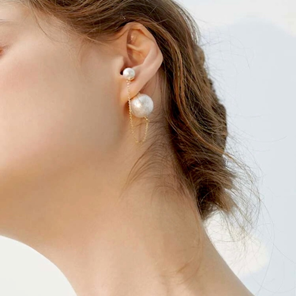 925 Sterling Silver Faux Pearls Decor Chain Earrings